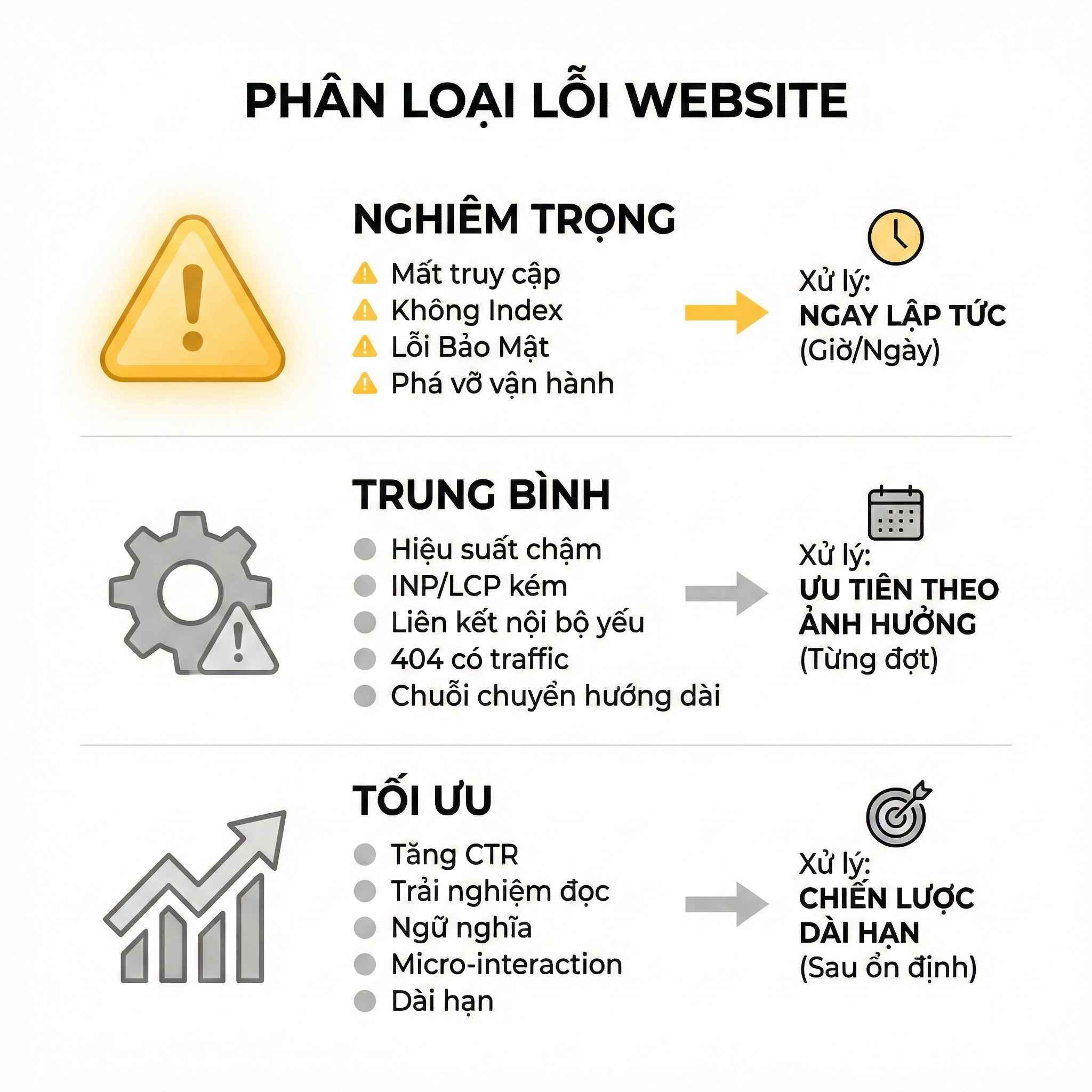Phân loại lỗi website theo mức nghiêm trọng, trung bình và tối ưu kèm gợi ý thứ tự xử lý