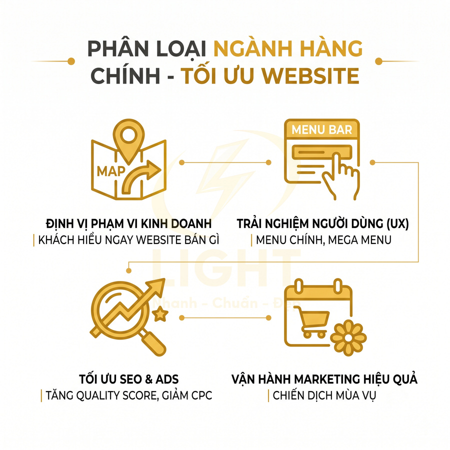 Infographic phân loại ngành hàng chính để tối ưu website về định vị kinh doanh, UX, SEO Ads và vận hành marketing