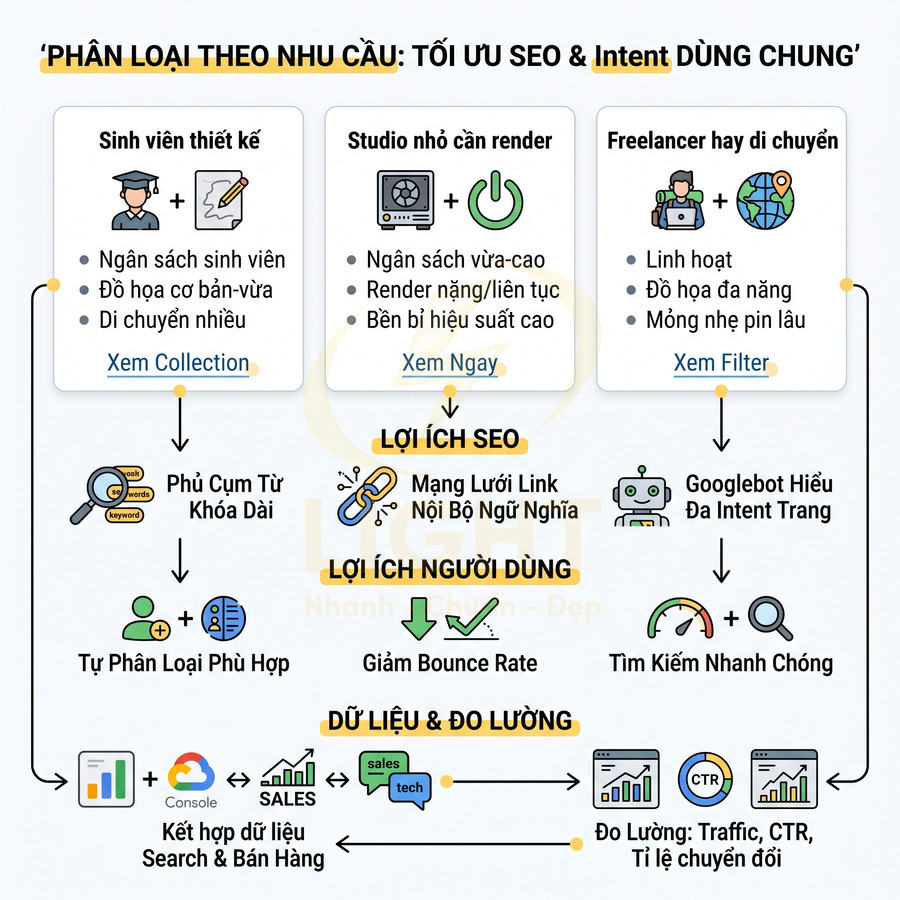 Sơ đồ phân loại nhu cầu người dùng để tối ưu SEO, intent tìm kiếm và đo lường hiệu quả traffic, CTR, chuyển đổi