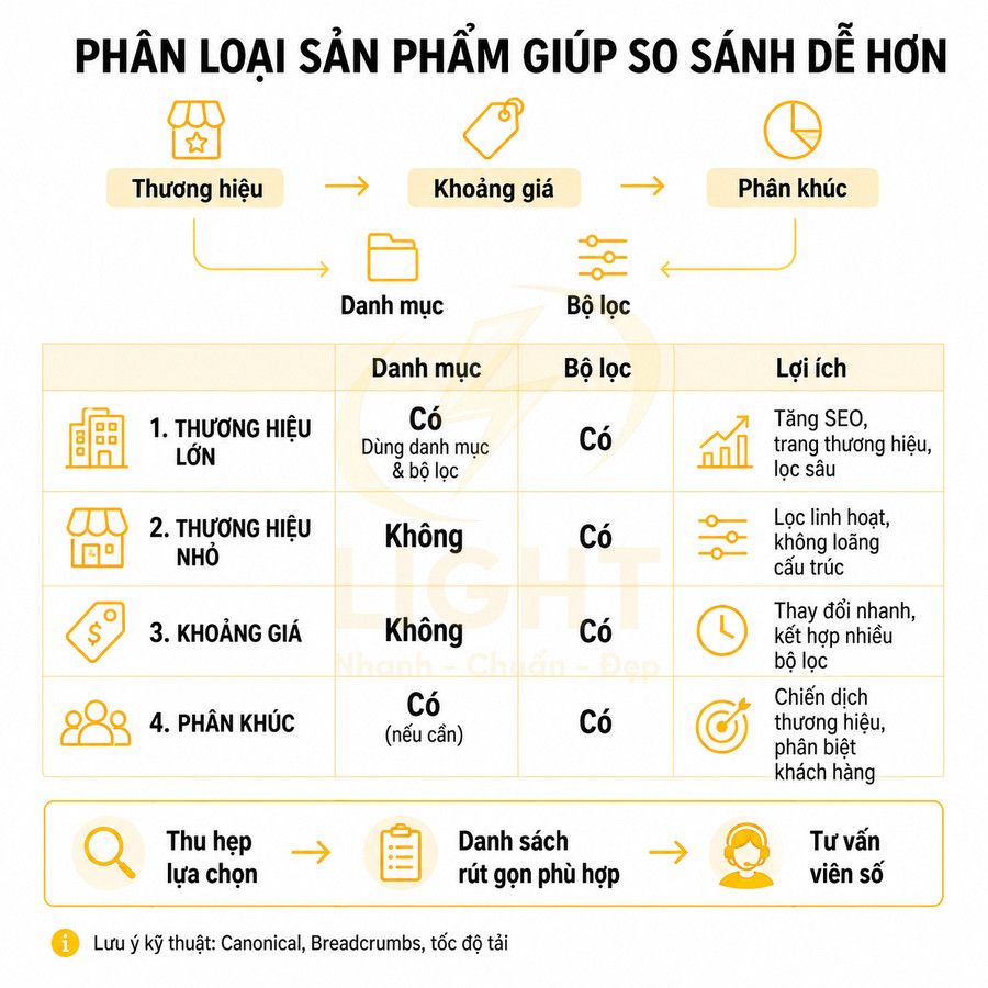 Bảng hướng dẫn phân loại sản phẩm theo thương hiệu, khoảng giá, phân khúc với danh mục, bộ lọc và lợi ích chi tiết