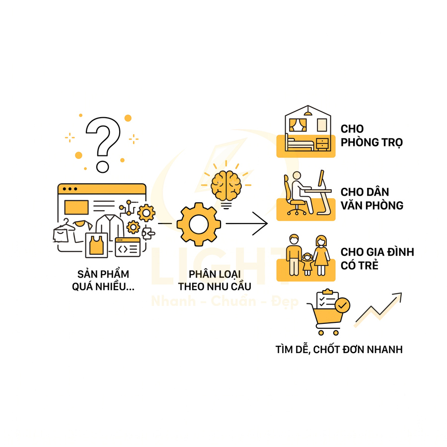 Quy trình phân loại sản phẩm theo nhu cầu phòng trọ, dân văn phòng, gia đình có trẻ để giúp tìm hàng và chốt đơn nhanh
