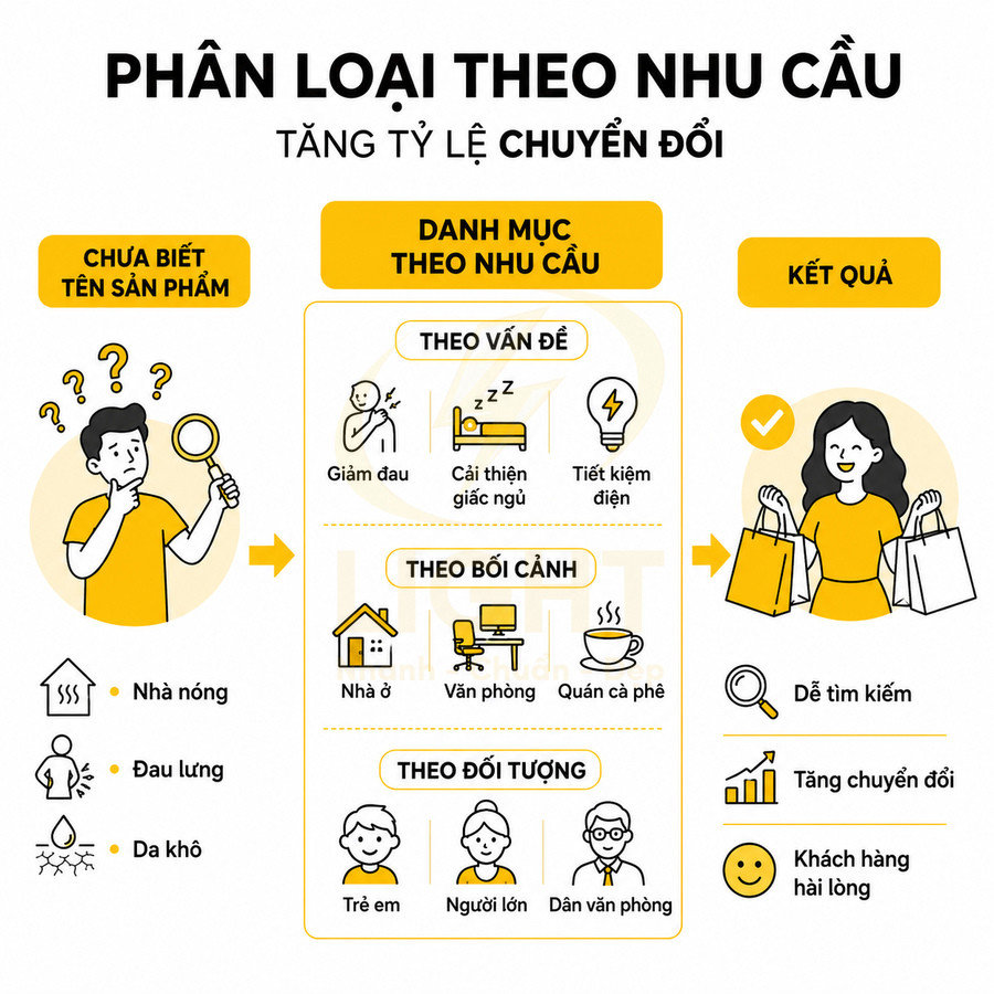 Infographic phân loại sản phẩm theo nhu cầu để tăng tỷ lệ chuyển đổi và giúp khách hàng dễ tìm kiếm, hài lòng hơn