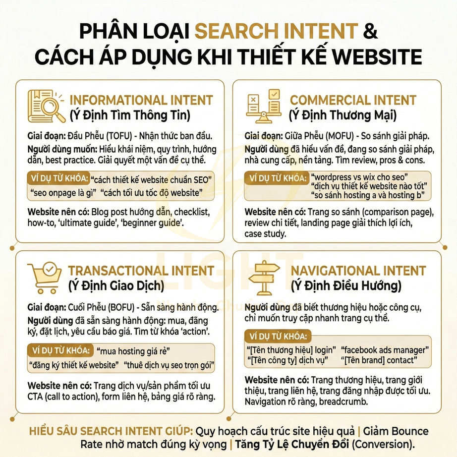 Infographic phân loại search intent và cách áp dụng khi thiết kế website chuẩn SEO
