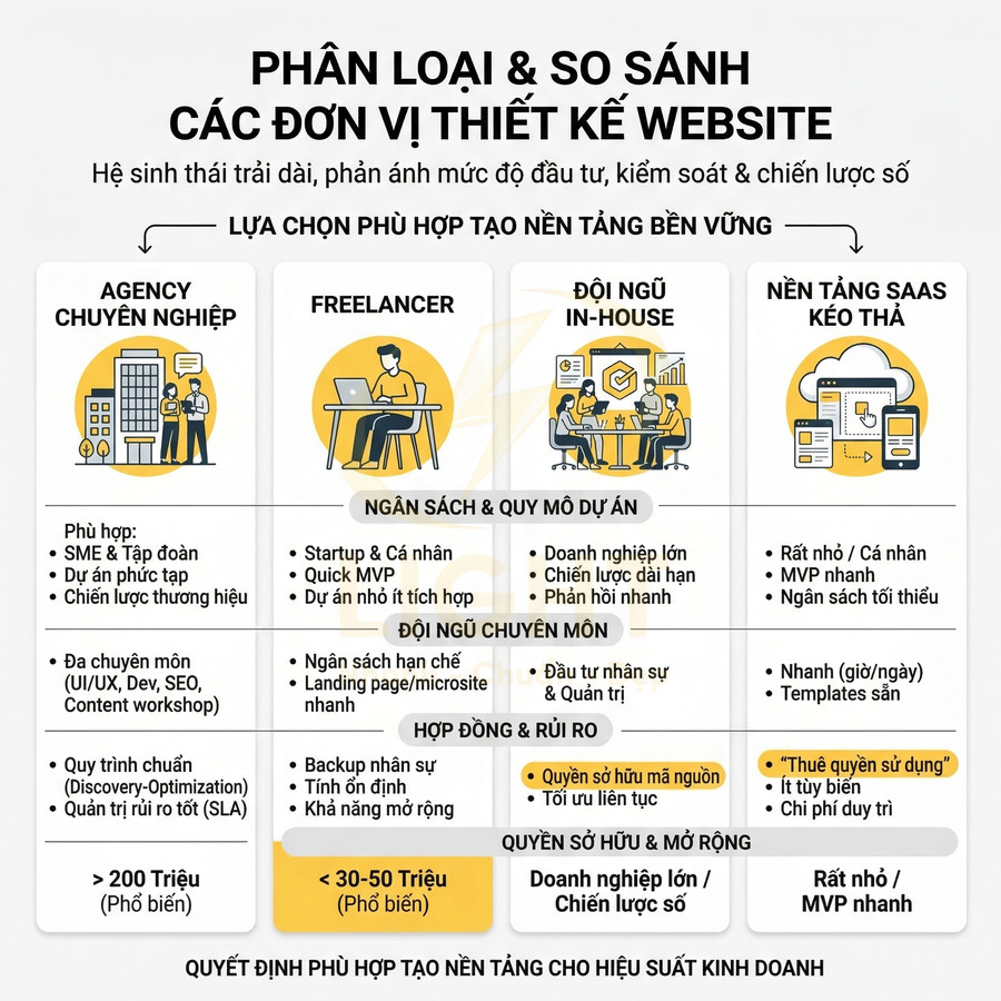 Bảng so sánh các đơn vị thiết kế website: agency, freelancer, đội ngũ in-house và nền tảng SaaS kéo thả