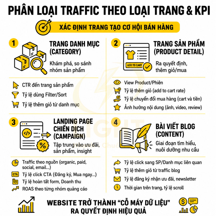 Infographic phân loại traffic website theo loại trang và KPI: category, trang sản phẩm, landing page chiến dịch, bài viết blog