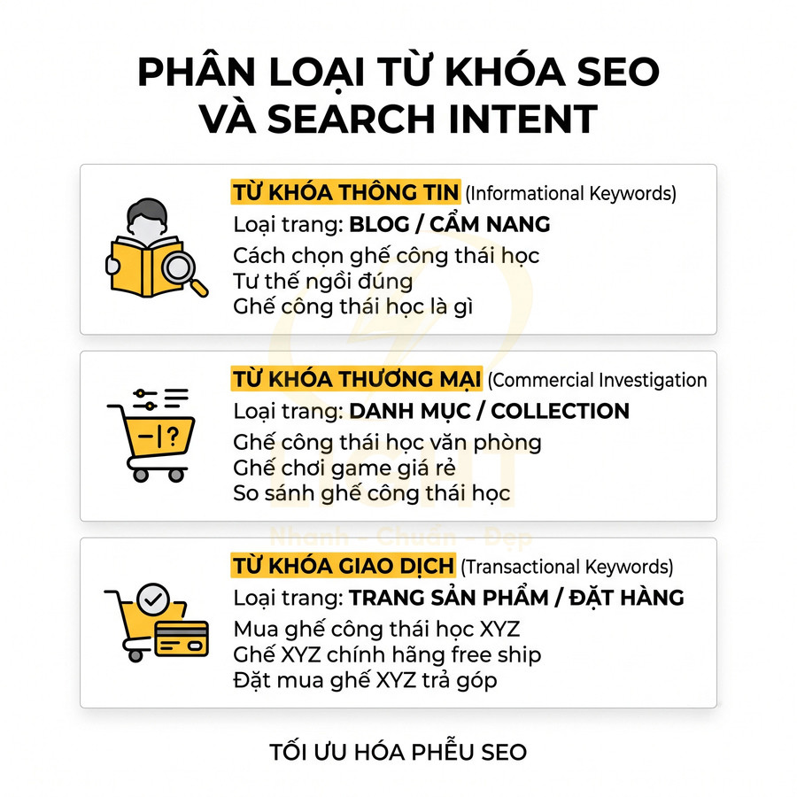 Phân loại từ khóa SEO theo search intent gồm thông tin, thương mại và giao dịch để tối ưu phễu SEO