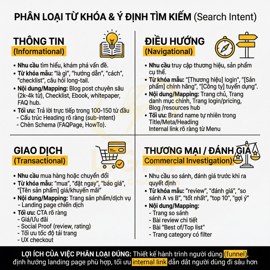 Bảng phân loại từ khóa theo ý định tìm kiếm gồm thông tin, điều hướng, giao dịch và thương mại đánh giá