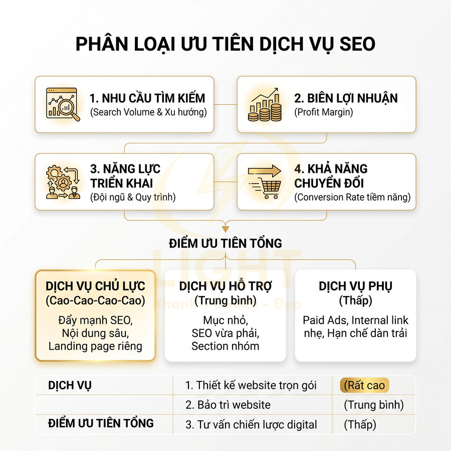 Sơ đồ phân loại ưu tiên dịch vụ SEO theo nhu cầu tìm kiếm, biên lợi nhuận, năng lực triển khai và khả năng chuyển đổi