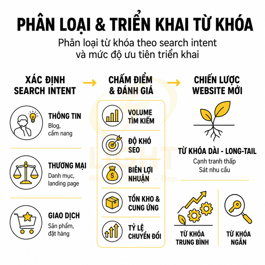 Infographic quy trình phân loại và triển khai từ khóa SEO theo search intent và mức độ ưu tiên triển khai
