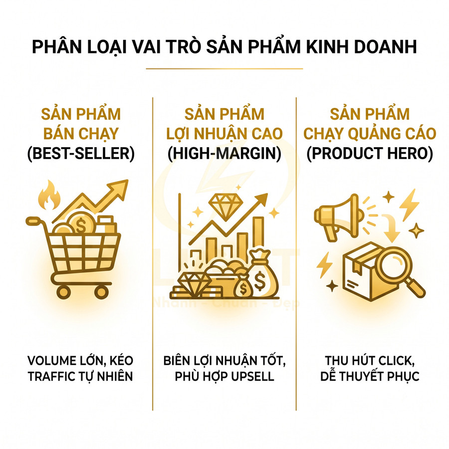 Phân loại vai trò sản phẩm kinh doanh gồm sản phẩm bán chạy, lợi nhuận cao và chạy quảng cáo