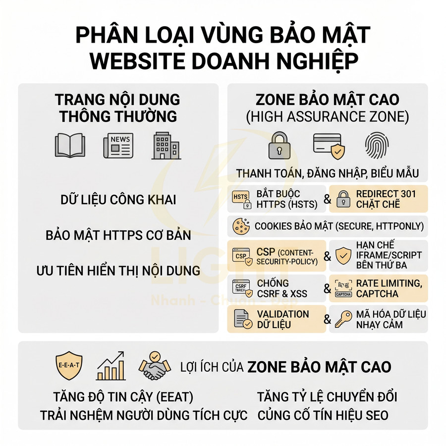 Phân loại vùng bảo mật website doanh nghiệp, so sánh trang nội dung thường và zone bảo mật cao cùng lợi ích cho SEO