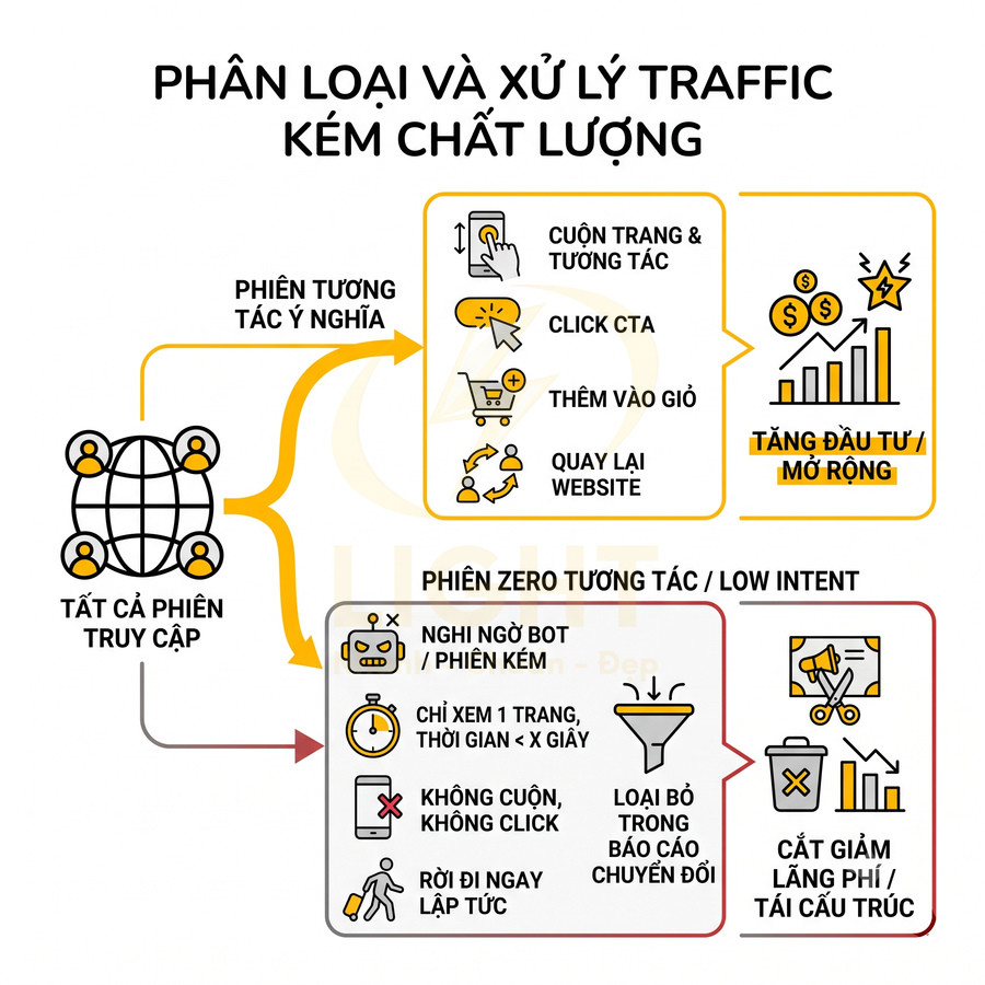 Sơ đồ phân loại và xử lý traffic kém chất lượng, tách phiên tương tác ý nghĩa và phiên zero tương tác