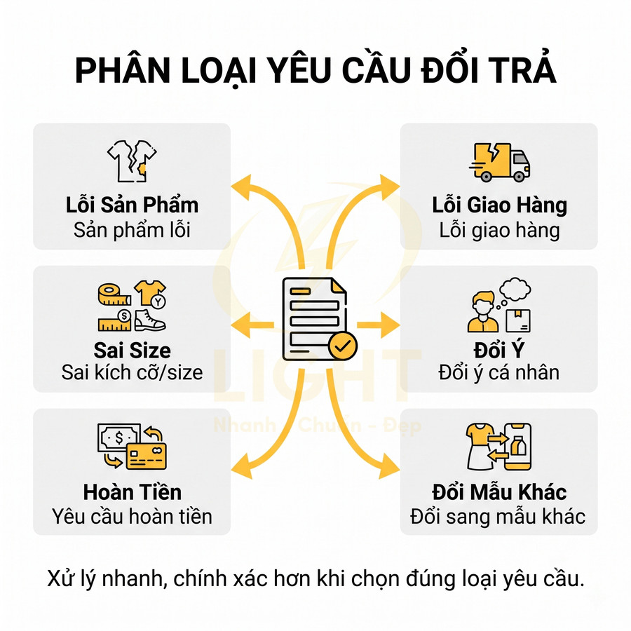 Phân loại các yêu cầu đổi trả sản phẩm: lỗi sản phẩm, sai size, hoàn tiền, lỗi giao hàng, đổi ý, đổi mẫu khác