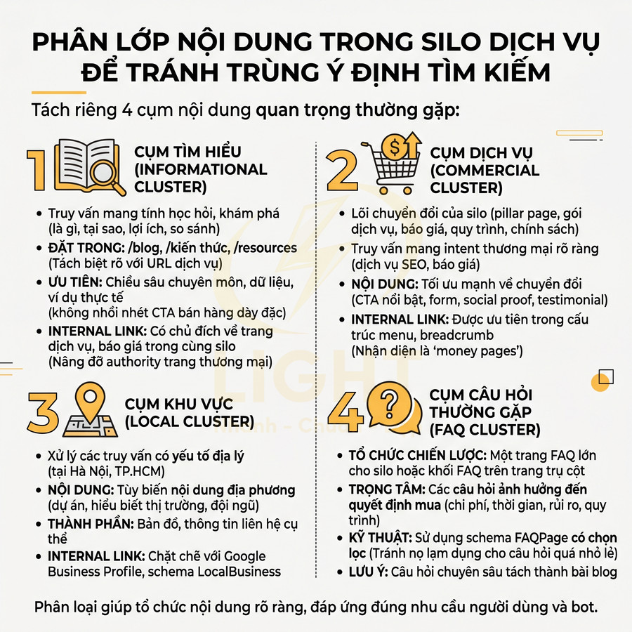Hướng dẫn phân lớp nội dung silo dịch vụ với 4 cụm: tìm hiểu, dịch vụ, khu vực và câu hỏi thường gặp