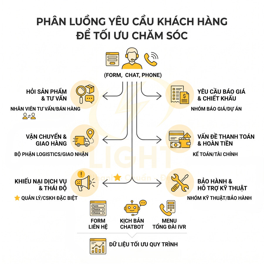 Sơ đồ phân luồng yêu cầu khách hàng qua form, chat, điện thoại để tối ưu chăm sóc và xử lý dịch vụ