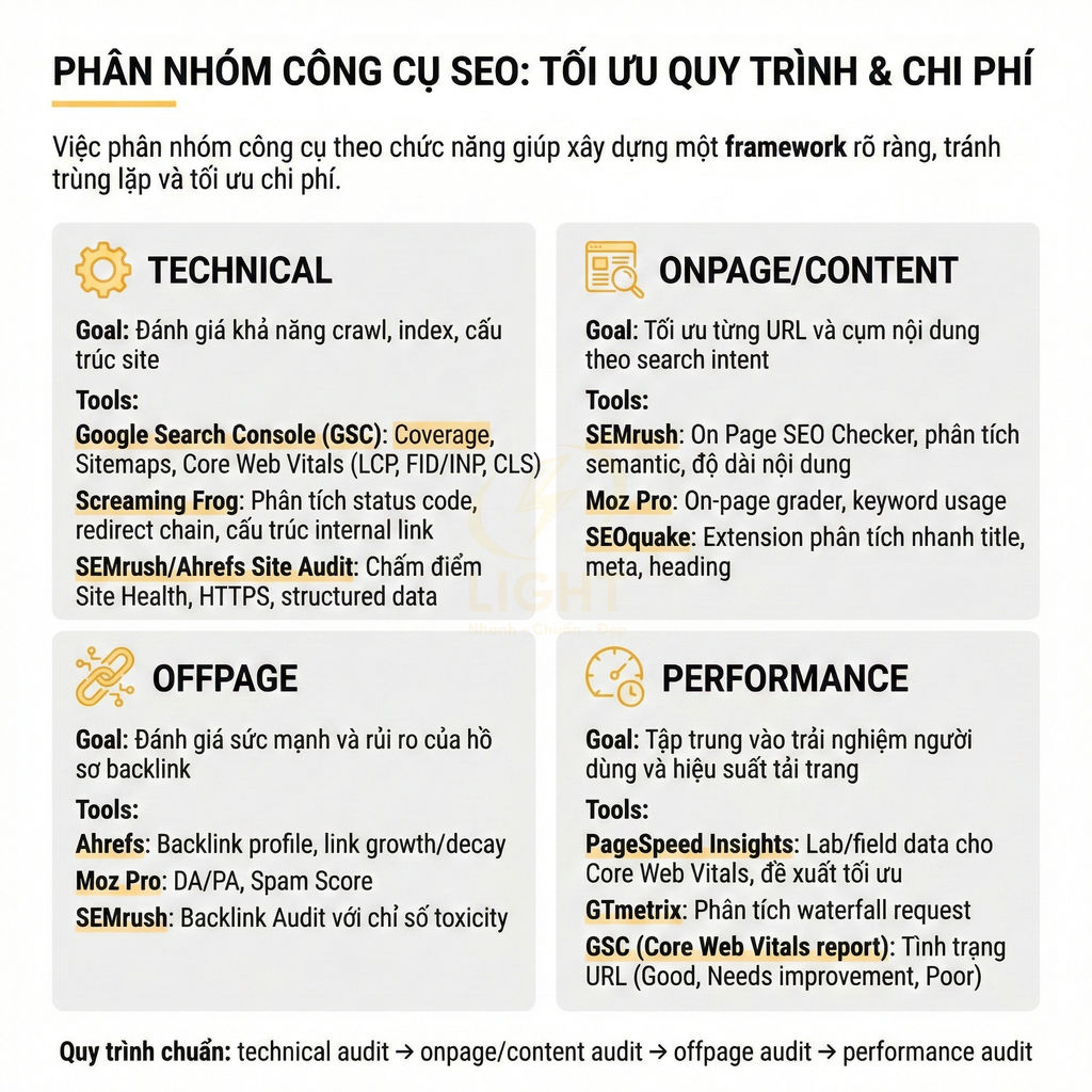 Bảng phân nhóm công cụ SEO technical onpage offpage performance và các công cụ như Google Search Console SEMrush Ahrefs