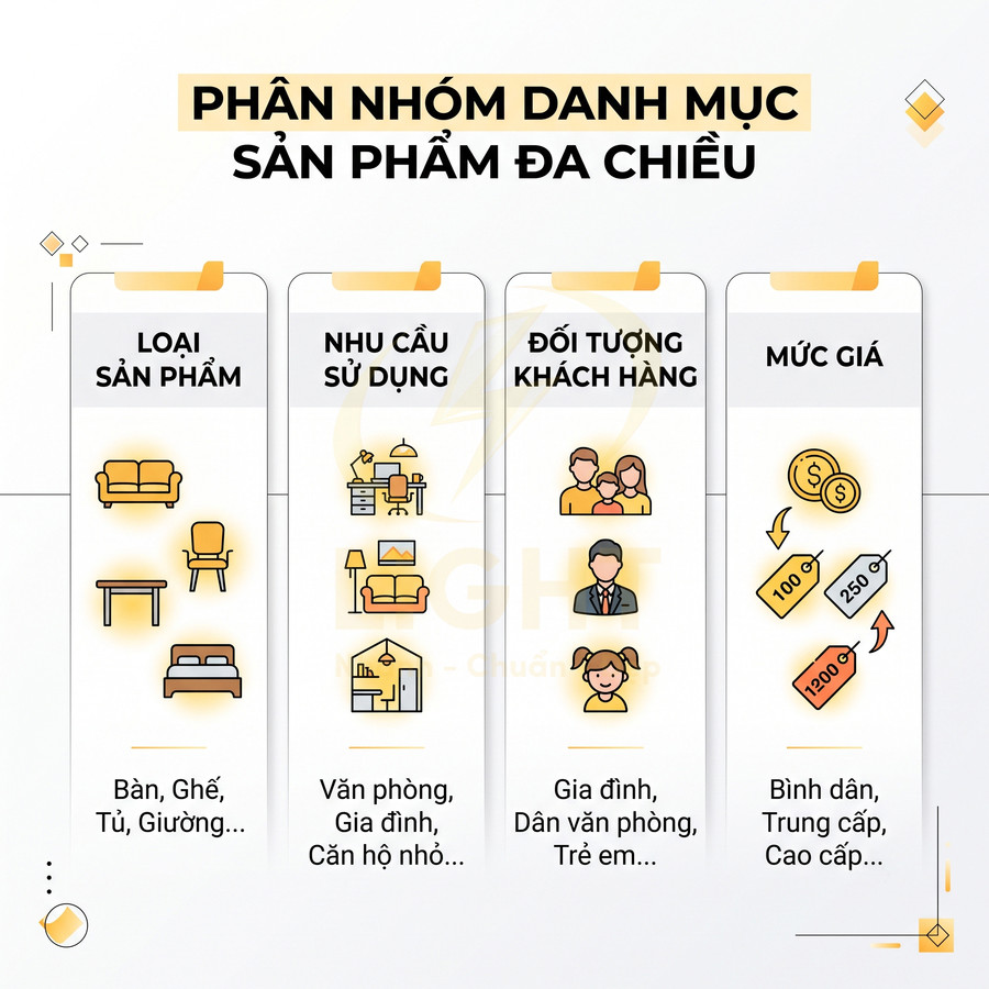 Phân nhóm danh mục sản phẩm nội thất theo loại sản phẩm, nhu cầu sử dụng, đối tượng khách hàng và mức giá