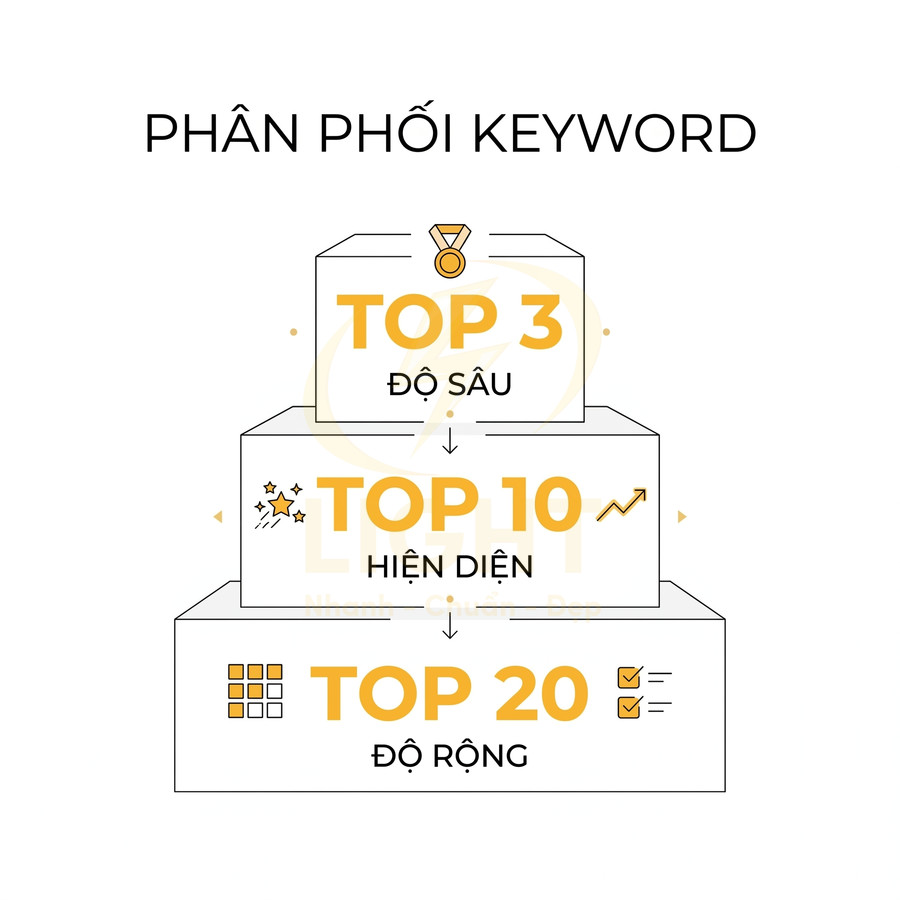 Mô hình phân phối keyword với các tầng Top 3 độ sâu, Top 10 hiện diện và Top 20 độ rộng