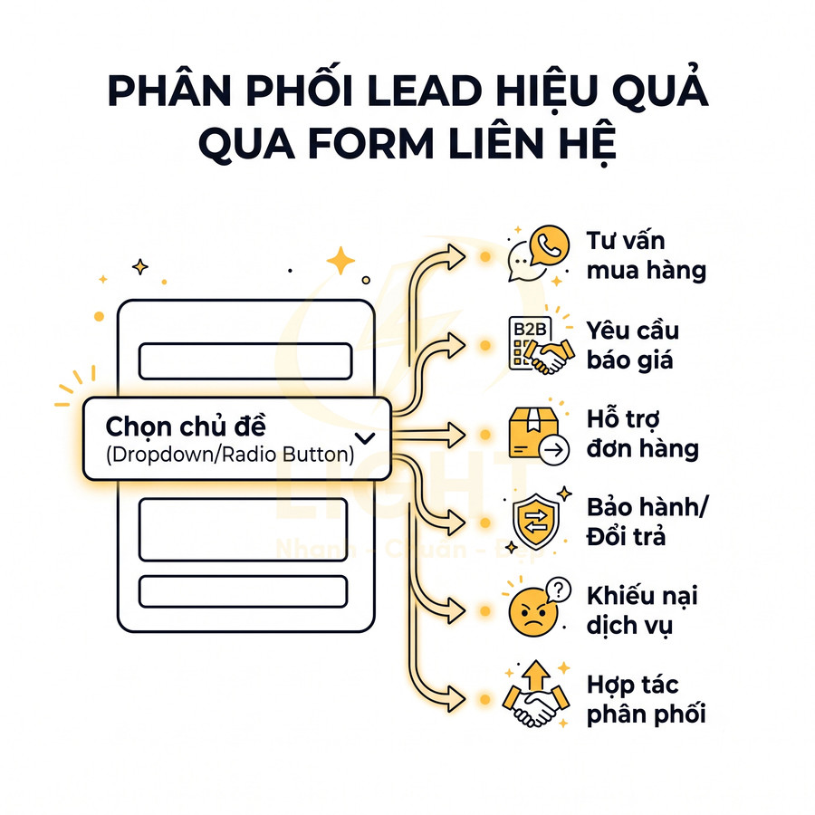 Minh họa form liên hệ chọn chủ đề để phân phối lead cho tư vấn, báo giá, hỗ trợ, bảo hành, khiếu nại, hợp tác