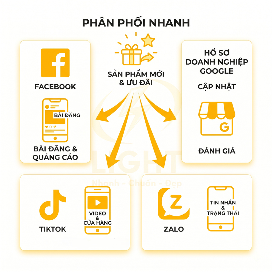 Sản phẩm mới và ưu đãi được phân phối nhanh qua Facebook, Google Business, TikTok và Zalo