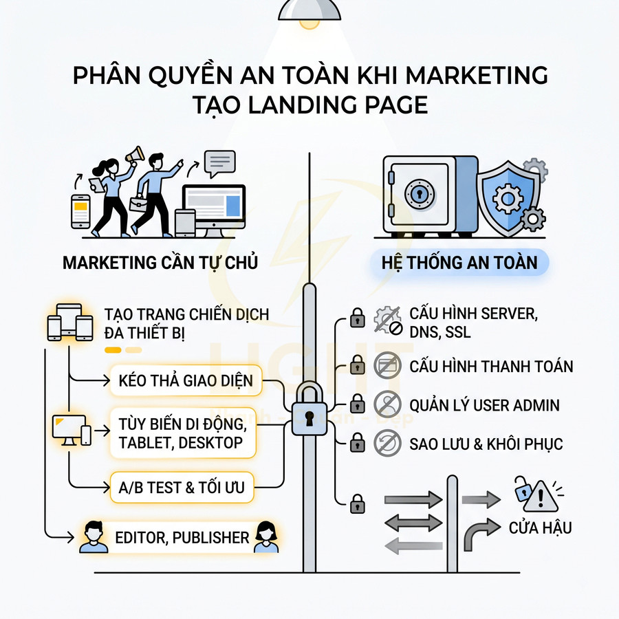 Infographic phân quyền an toàn khi marketing tạo landing page, phân tách việc tự tạo trang và hệ thống bảo mật server