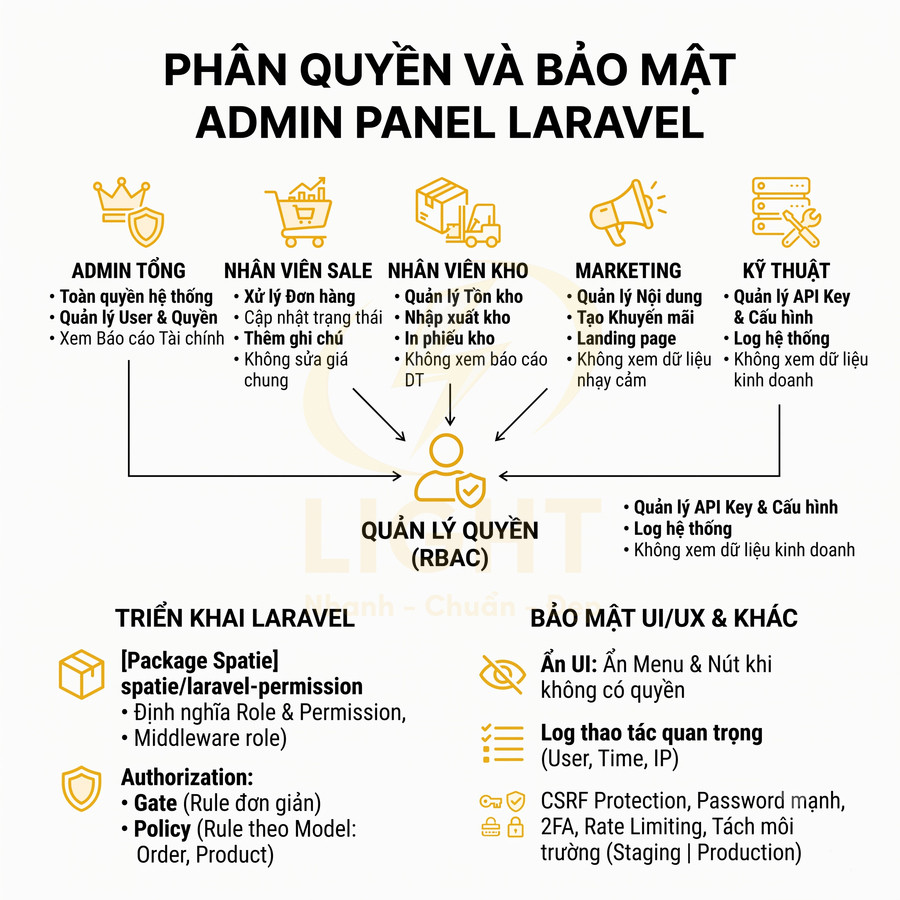 Sơ đồ phân quyền và bảo mật admin panel Laravel với các vai trò, quyền hạn và triển khai RBAC