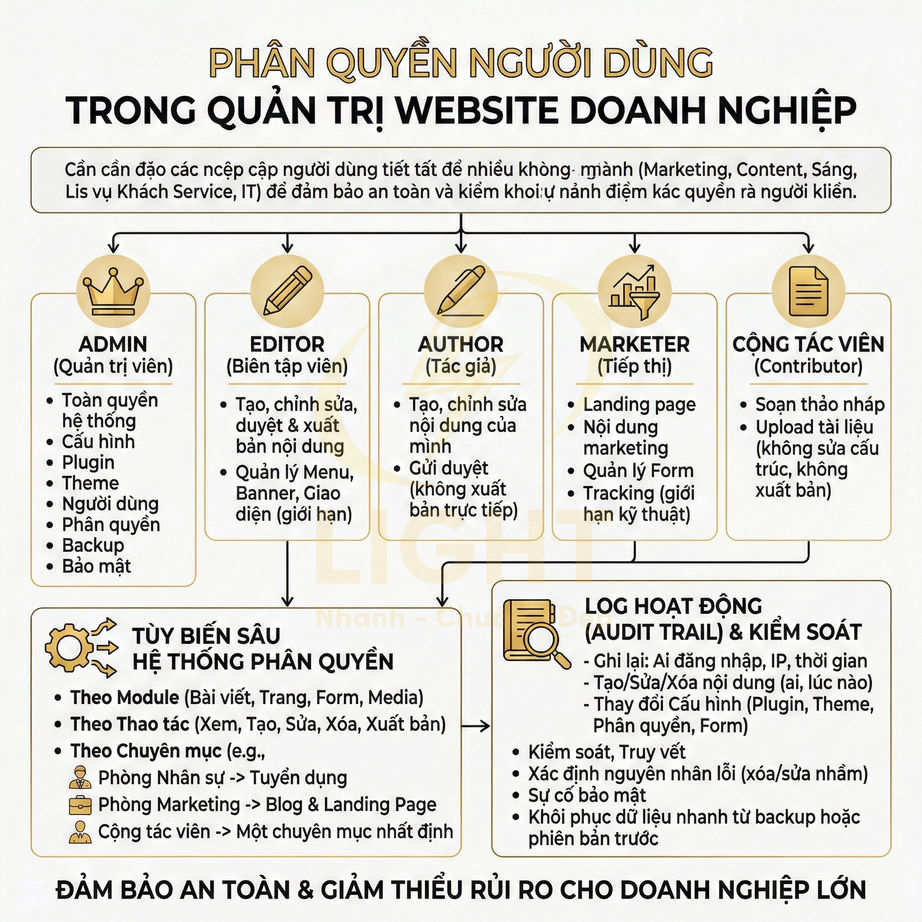 Phân quyền người dùng trong quản trị website doanh nghiệp với vai trò admin, editor, author, marketer, cộng tác viên