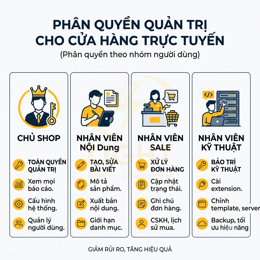 Phân quyền quản trị cho cửa hàng trực tuyến theo nhóm người dùng: chủ shop, nhân viên nội dung, sale và kỹ thuật