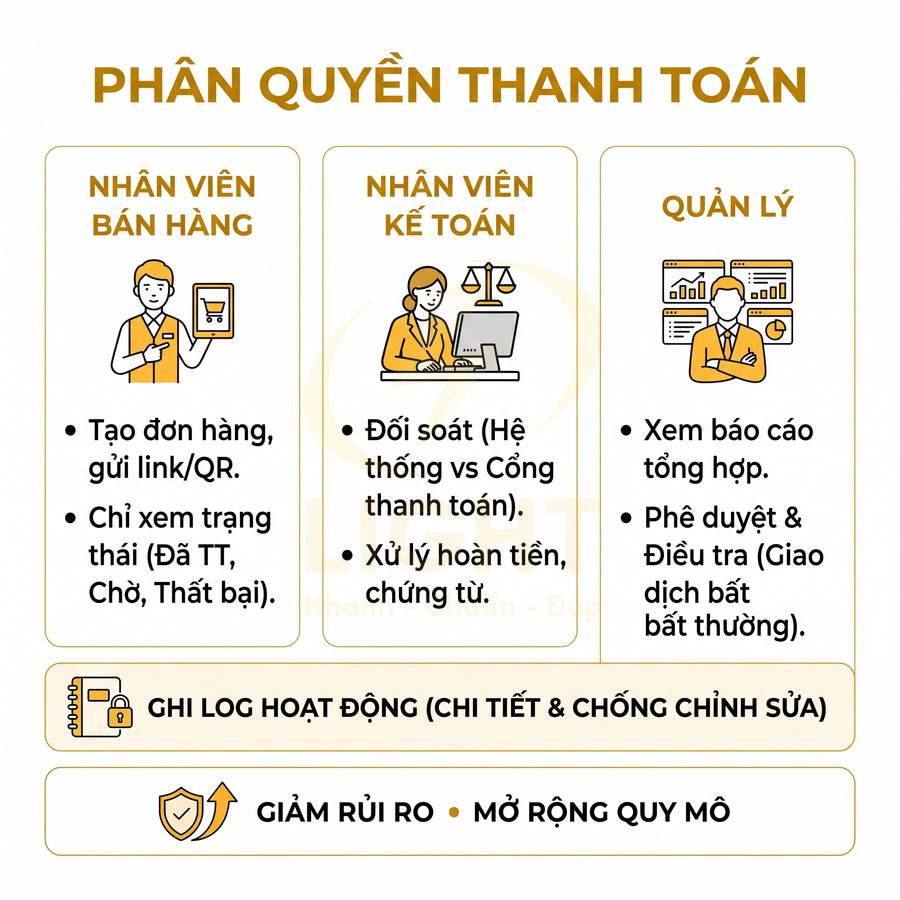 Phân quyền thanh toán cho nhân viên bán hàng, kế toán và quản lý, ghi log hoạt động để giảm rủi ro