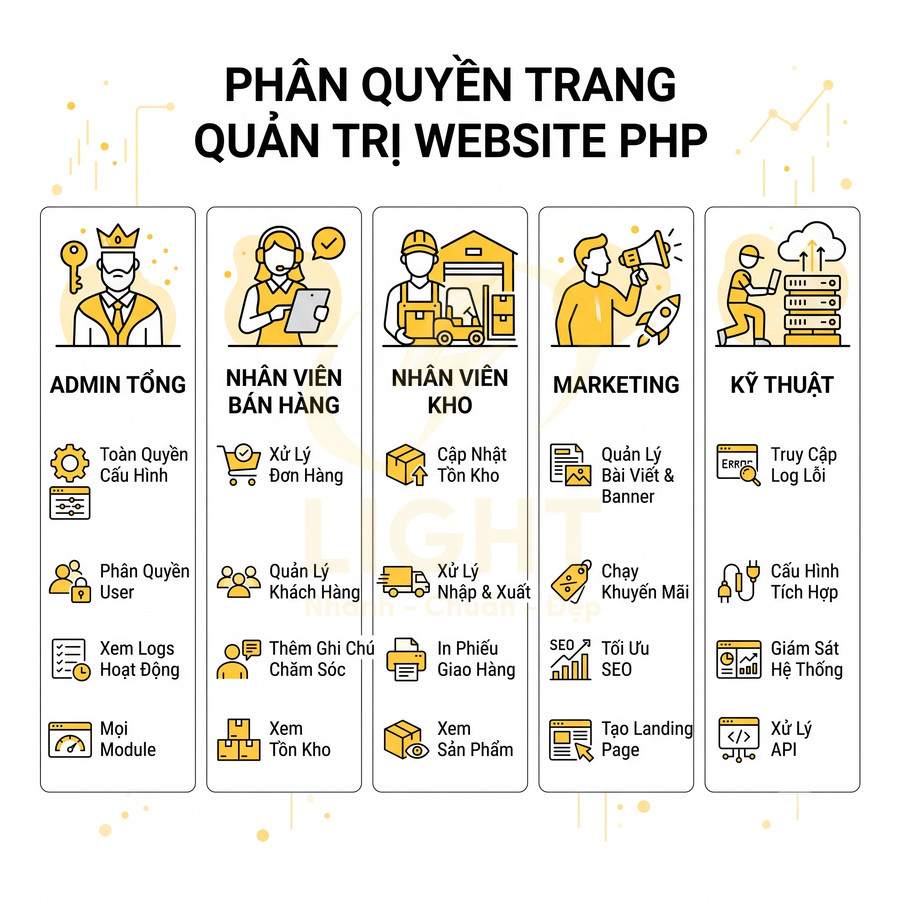 Phân quyền trang quản trị website PHP cho admin tổng, bán hàng, kho, marketing và kỹ thuật cùng chức năng từng nhóm