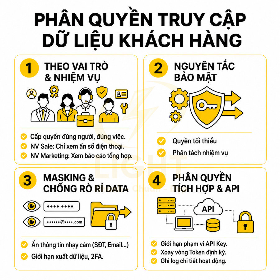 Infographic phân quyền truy cập dữ liệu khách hàng với các nguyên tắc bảo mật và chống rò rỉ data