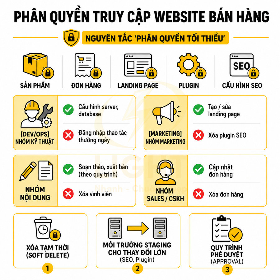 Phân quyền truy cập website bán hàng theo nguyên tắc tối thiểu cho kỹ thuật, marketing, nội dung, sales