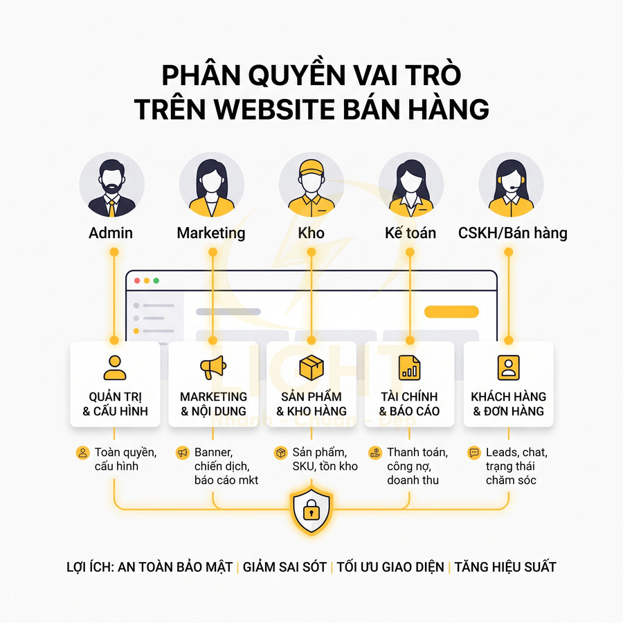 Phân quyền vai trò trên website bán hàng cho admin, marketing, kho, kế toán, CSKH và các nhóm chức năng