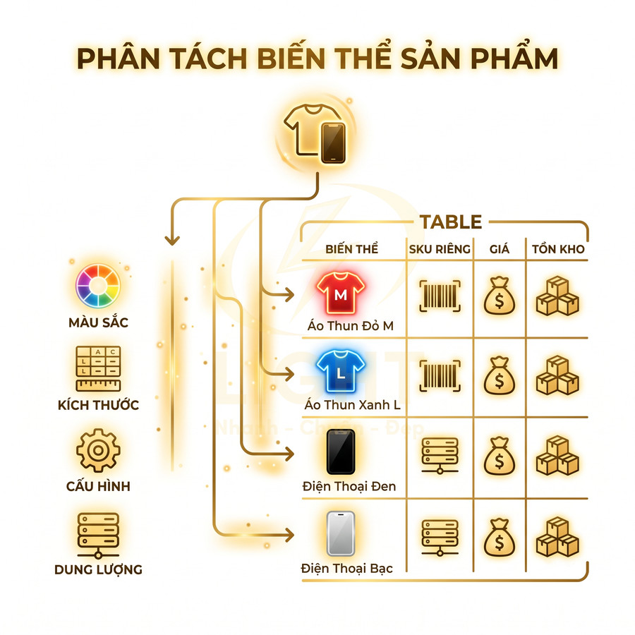 Minh họa phân tách biến thể sản phẩm áo thun và điện thoại theo màu sắc kích thước giá và tồn kho