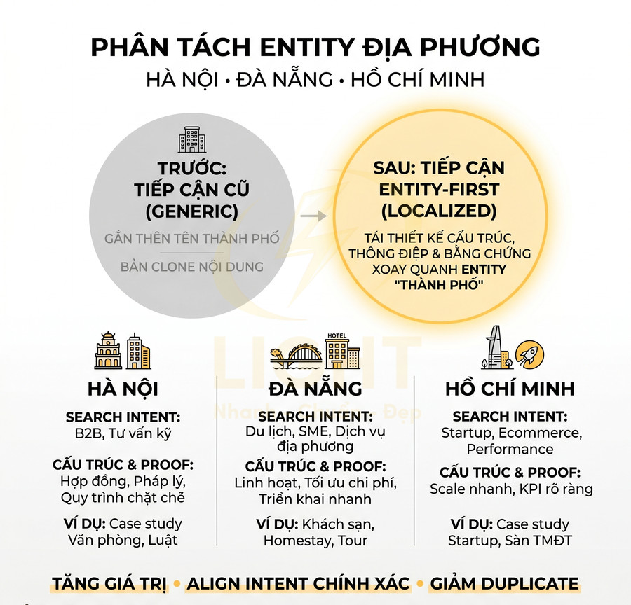 Infographic phân tích chiến lược SEO entity địa phương cho Hà Nội Đà Nẵng Hồ Chí Minh