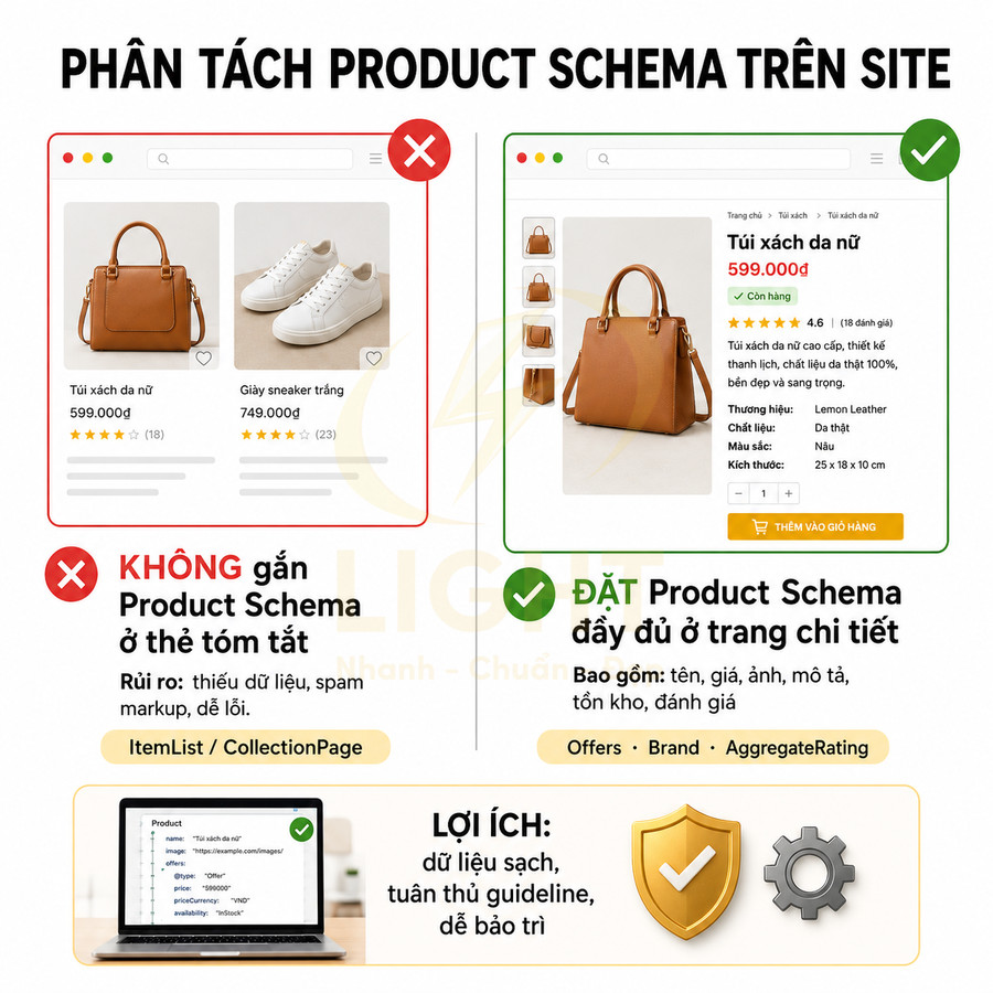 Hướng dẫn đặt Product Schema cho trang chi tiết túi xách da nữ và giày sneaker trắng trên website bán hàng
