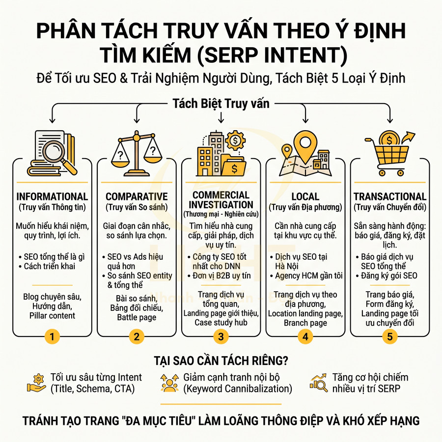 Infographic phân loại 5 loại ý định tìm kiếm SERP intent và gợi ý tối ưu SEO cho từng nhóm truy vấn
