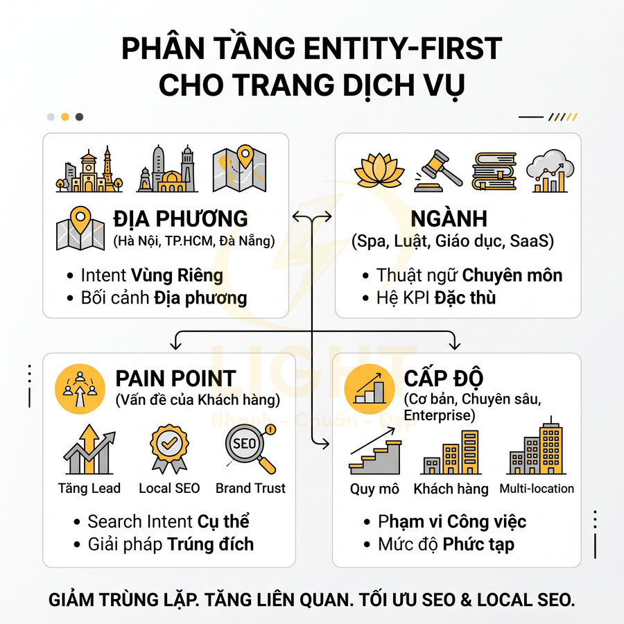 Infographic mô hình phân tầng entity first cho trang dịch vụ, tối ưu SEO local theo địa phương, ngành, pain point và cấp độ
