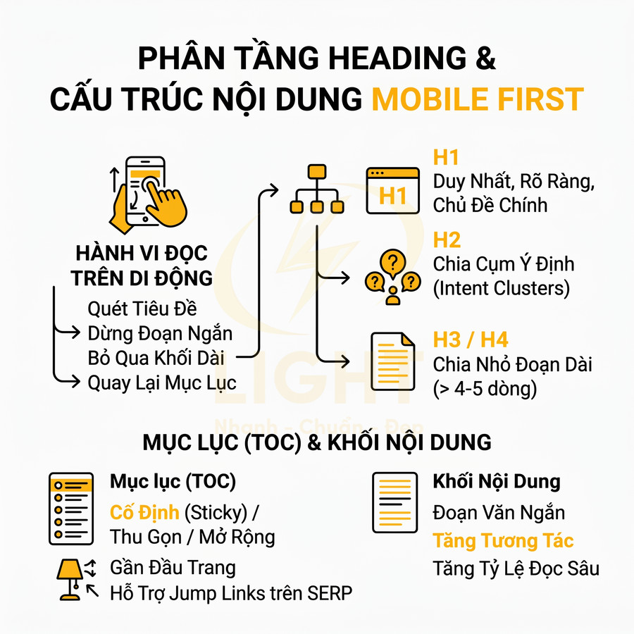 Infographic hướng dẫn phân tầng heading và cấu trúc nội dung chuẩn mobile first với mục lục và đoạn văn ngắn