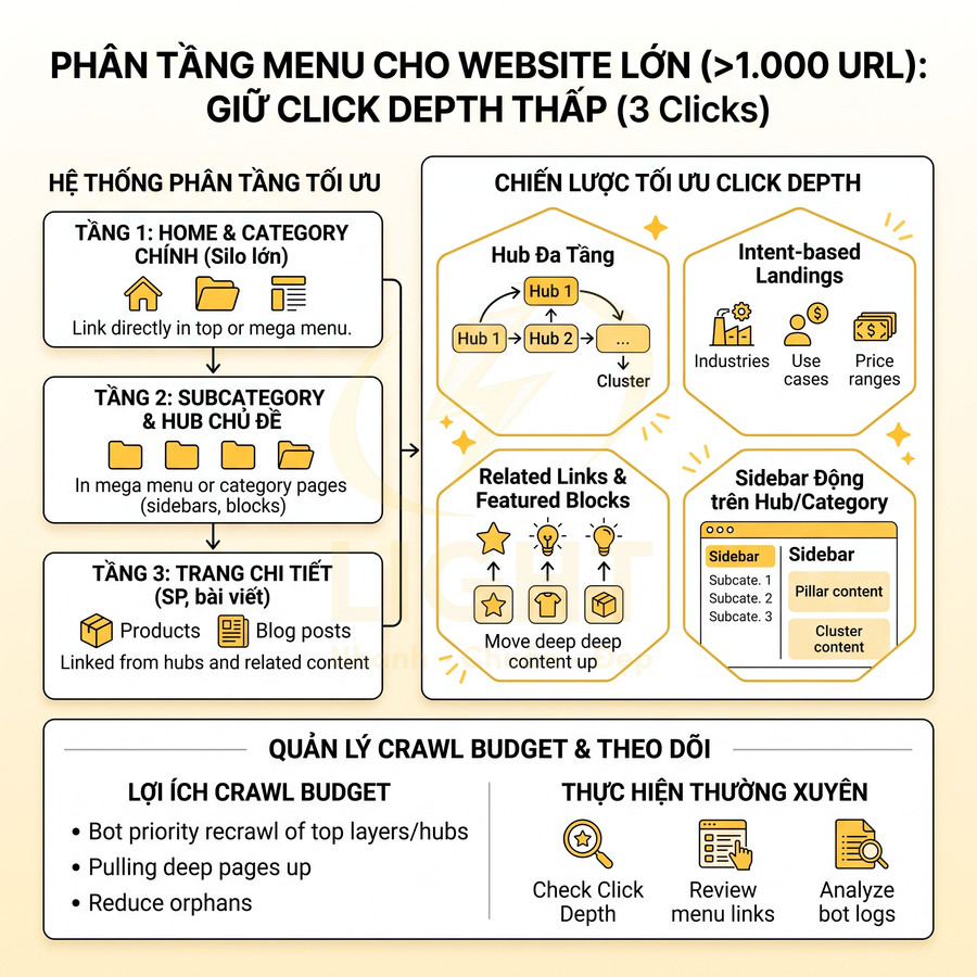 Sơ đồ phân tầng menu website lớn tối ưu click depth và crawl budget với các tầng category, hub và trang chi tiết