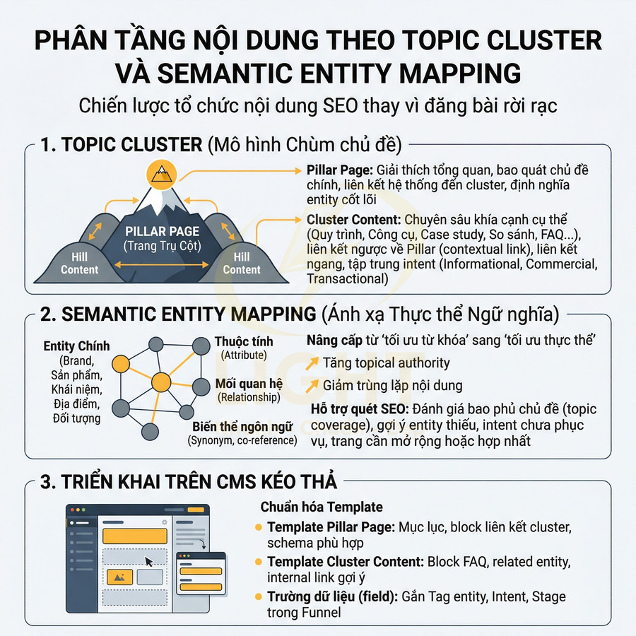Infographic hướng dẫn chiến lược SEO phân tầng nội dung theo topic cluster và semantic entity mapping