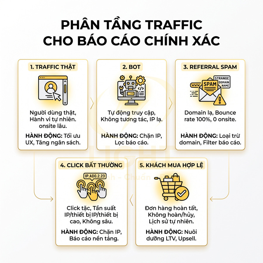 Sơ đồ phân loại các nguồn traffic website gồm traffic thật, bot, referral spam, click bất thường và khách mua hợp lệ