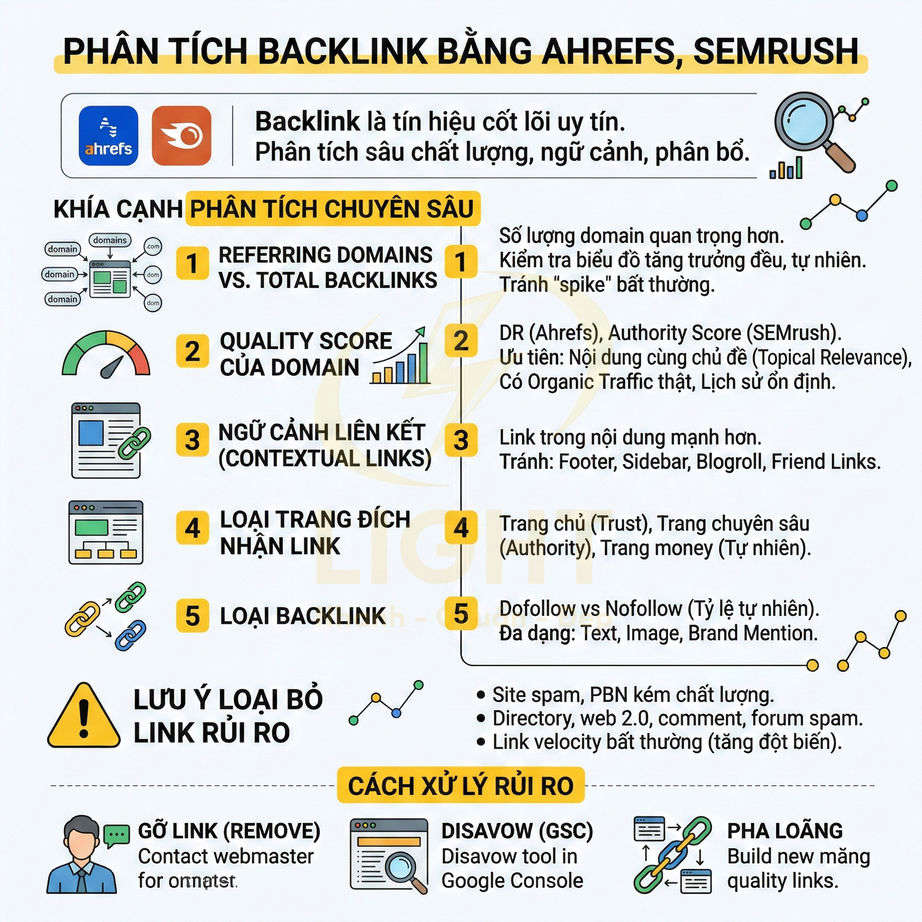 Hướng dẫn phân tích backlink bằng Ahrefs và Semrush với các tiêu chí đánh giá chất lượng và xử lý link rủi ro