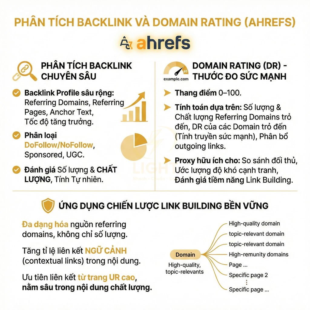Infographic Ahrefs phân tích backlink, domain rating và ứng dụng chiến lược link building bền vững trong SEO