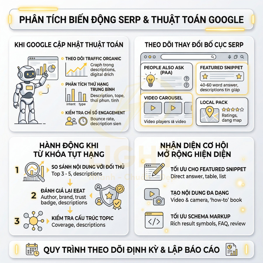Infographic hướng dẫn phân tích biến động SERP, cập nhật thuật toán Google và tối ưu SEO nội dung