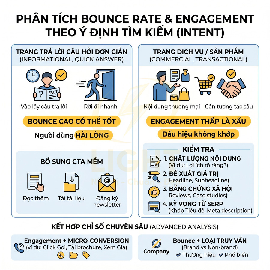 Infographic phân tích bounce rate và engagement theo ý định tìm kiếm cho trang thông tin và trang dịch vụ sản phẩm