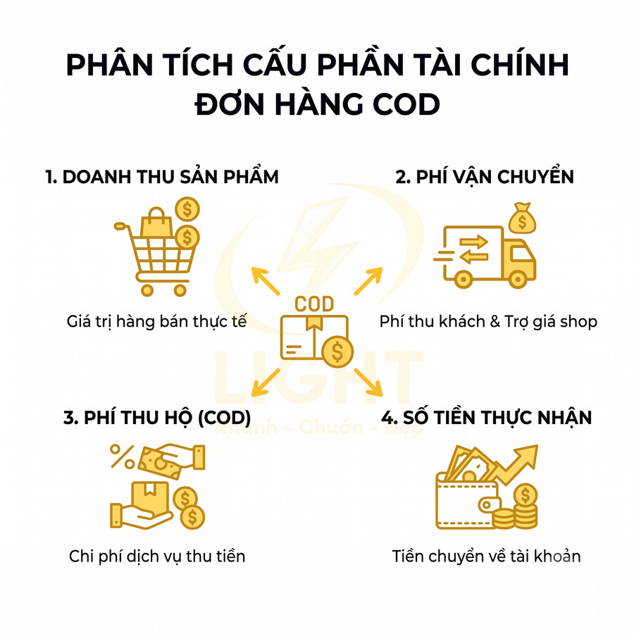 Sơ đồ phân tích doanh thu, phí vận chuyển, phí thu hộ và số tiền thực nhận của đơn hàng COD