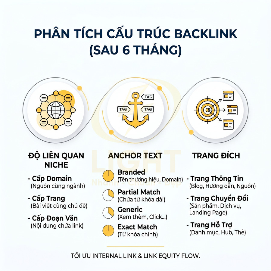 Phân tích cấu trúc backlink sau 6 tháng với độ liên quan niche, anchor text và trang đích tối ưu SEO