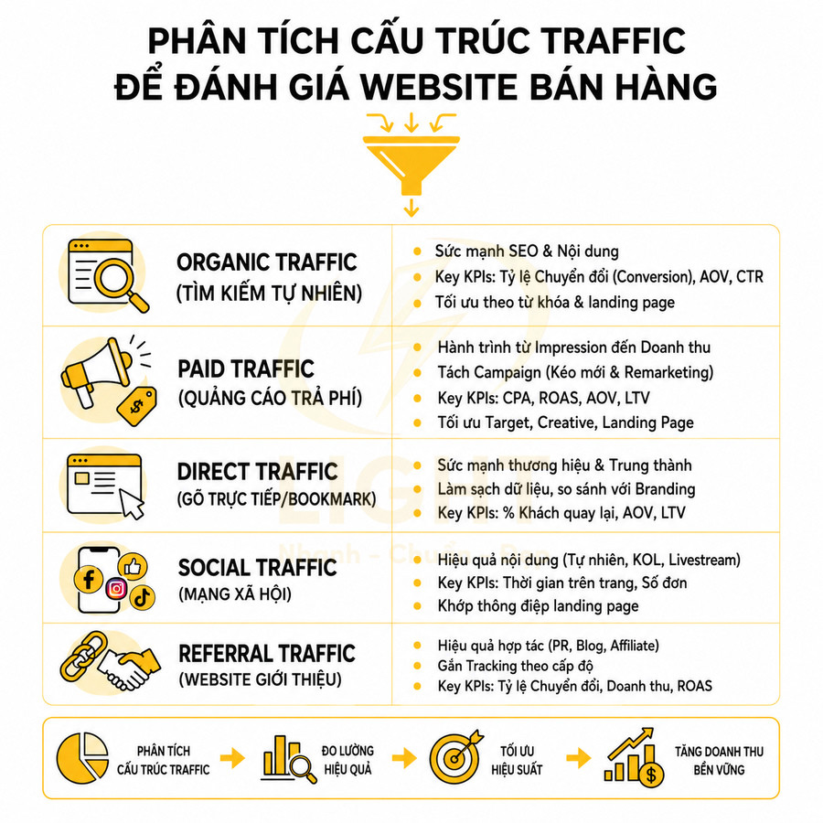 Infographic phân tích các nguồn traffic website bán hàng gồm organic, paid, direct, social và referral traffic