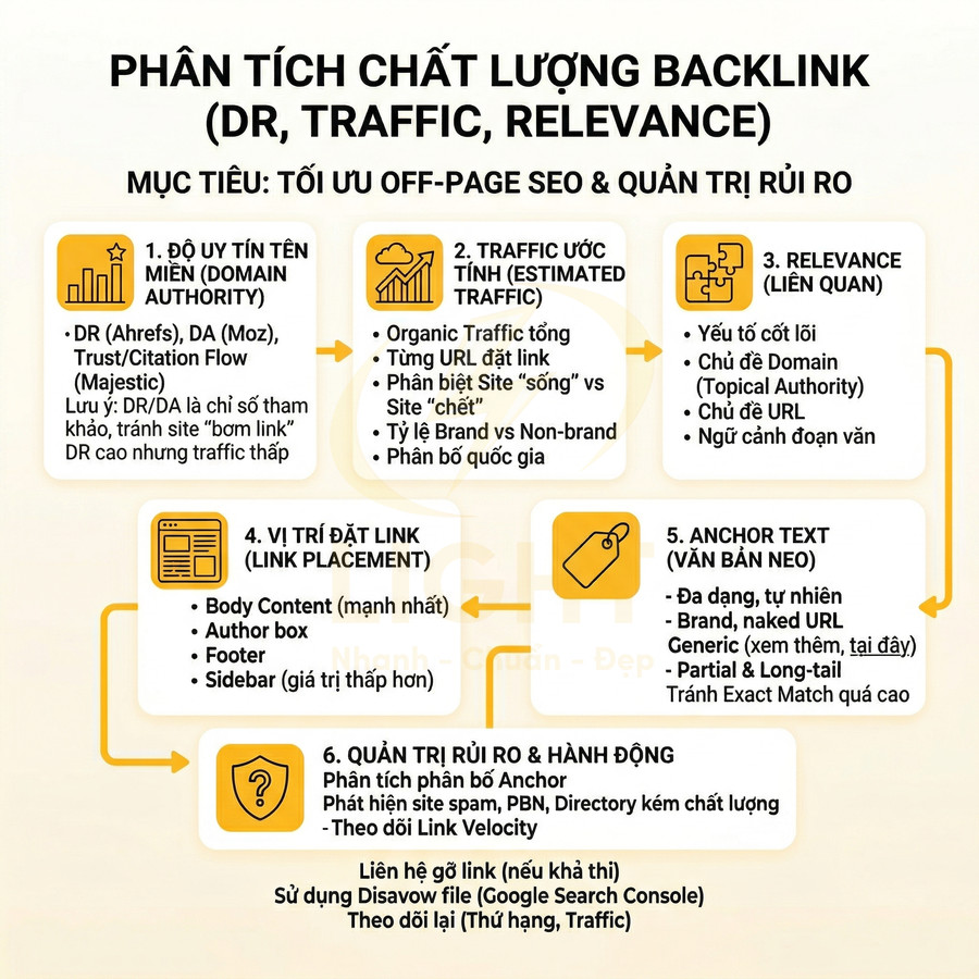 Hướng dẫn phân tích chất lượng backlink theo DR, traffic, độ liên quan, vị trí đặt link và anchor text trong SEO